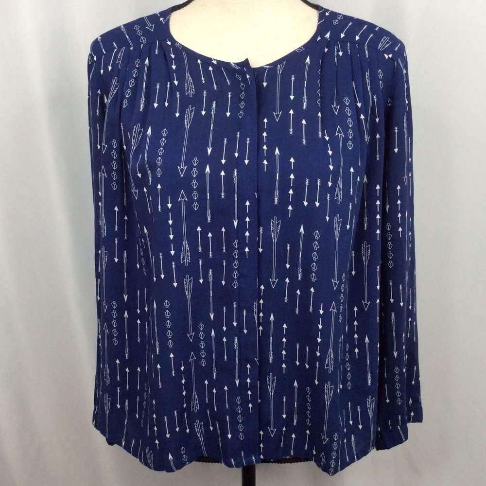 Womens Boho Aztec Print Button Down Top Medium Blue‎ White Arrow Pattern Shirt
